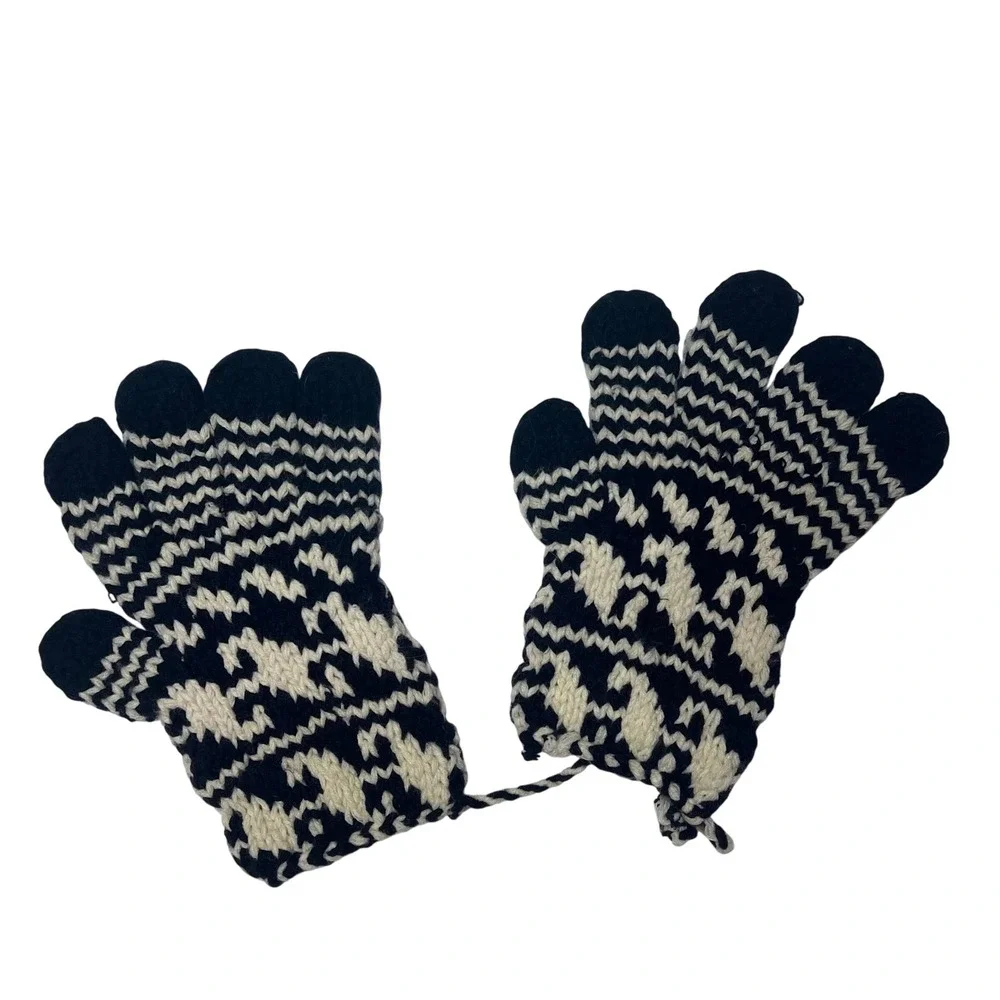 Hand Knit Nordic Style Houndstooth Gloves Navy Cream Winter Warm Cozy‎